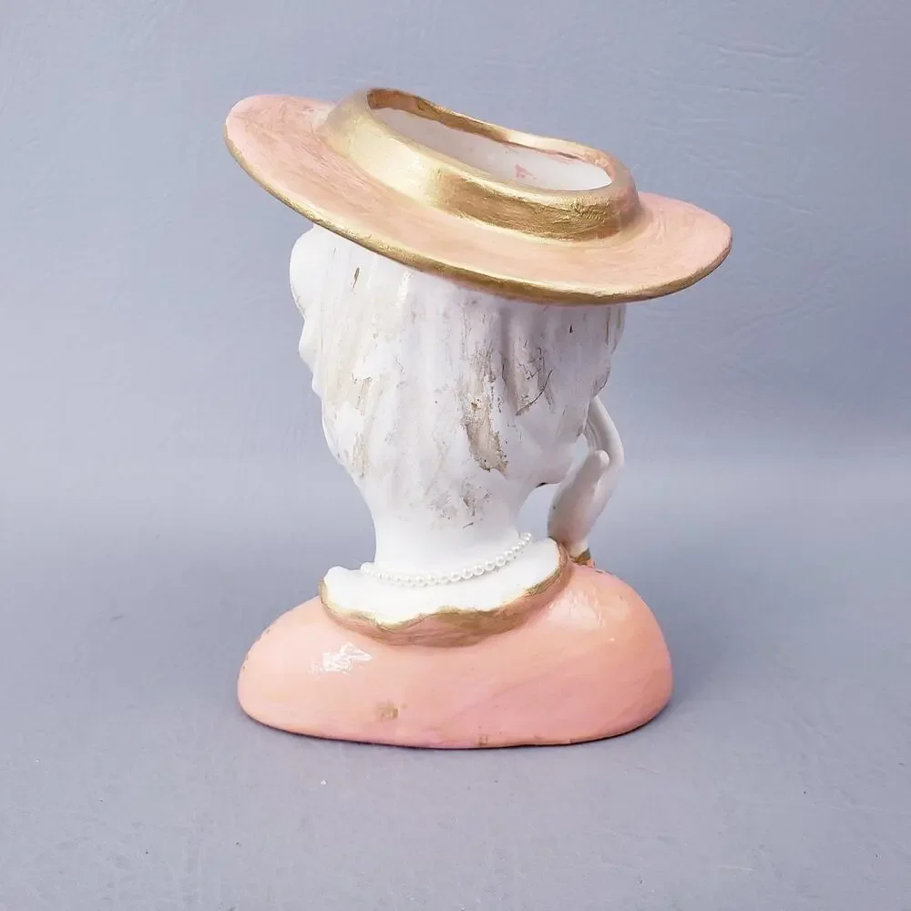 Vintage Lady Head Vase Headache W/ Eyelashes Pearl Necklace Gold Earrings Peach